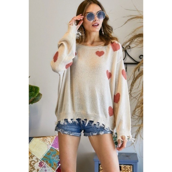 Sweaters - Khaki Mauve Heart Valentines Day Distressed Frayed Hem Relaxed Knit Sweater